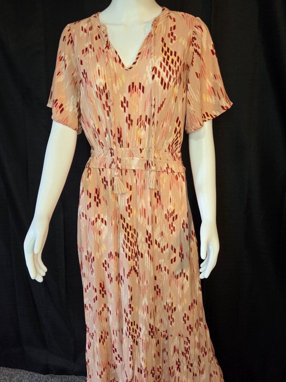 KNOX ROSE Pink Ikat Smocked Tiered Maxi Dress Medium Cottagecore Prairie